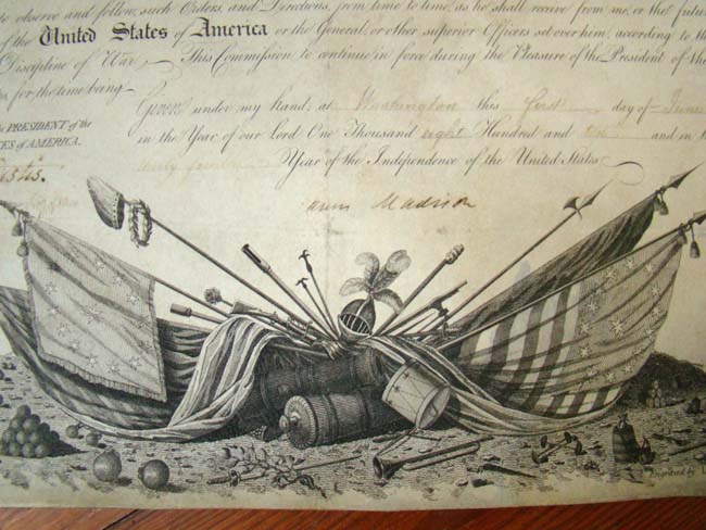 A President JAMES MADISON signed Military commission dated June 1, 1810